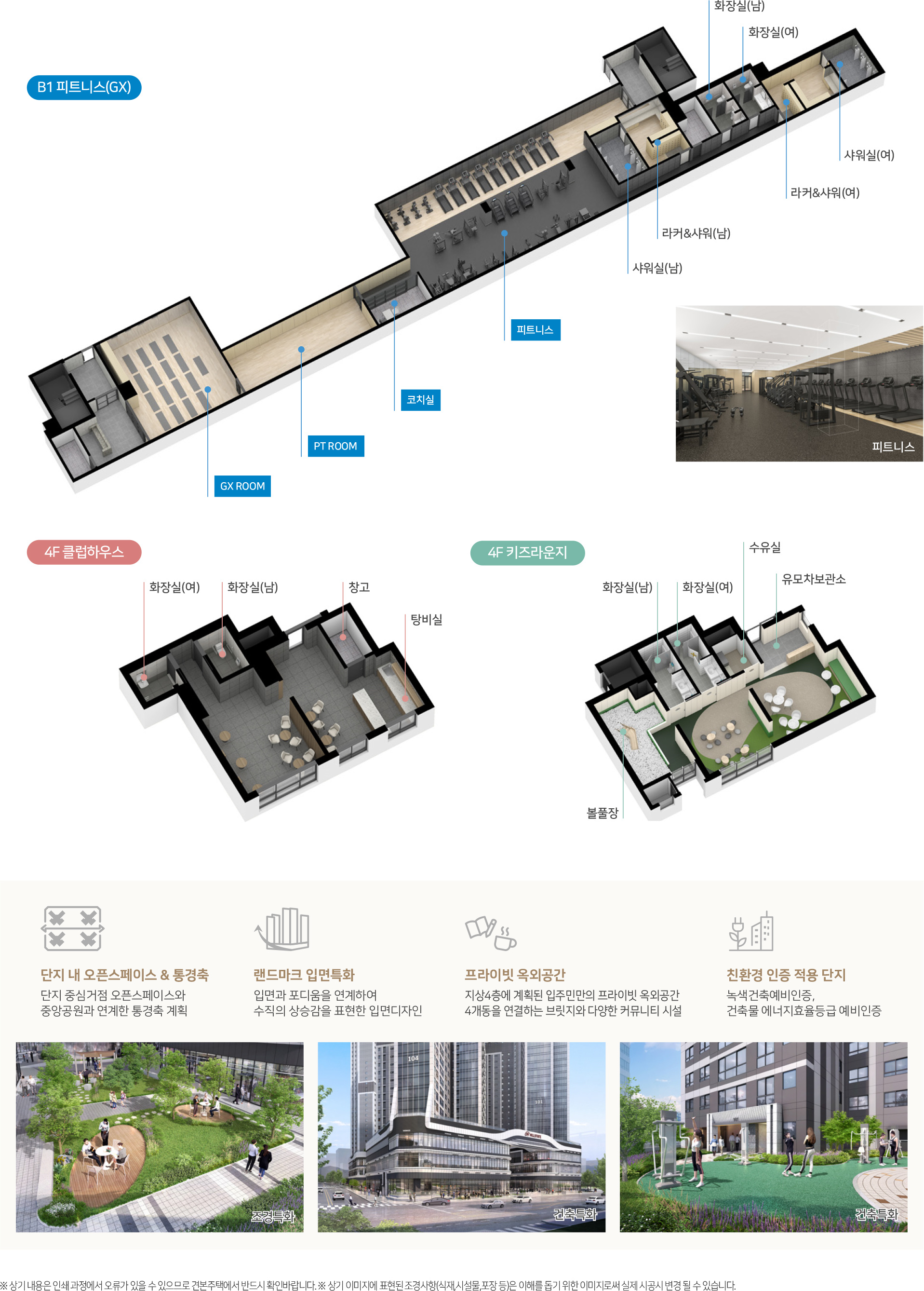 커뮤니티 — B1 피트니스(GX ROOM·PT ROOM·코치실) · 4F 클럽하우스 · 4F 키즈라운지 · 단지 내 오픈스페이스&통경축 · 랜드마크 입면특화 · 프라이빗 옥외공간 · 친환경 인증 적용 단지