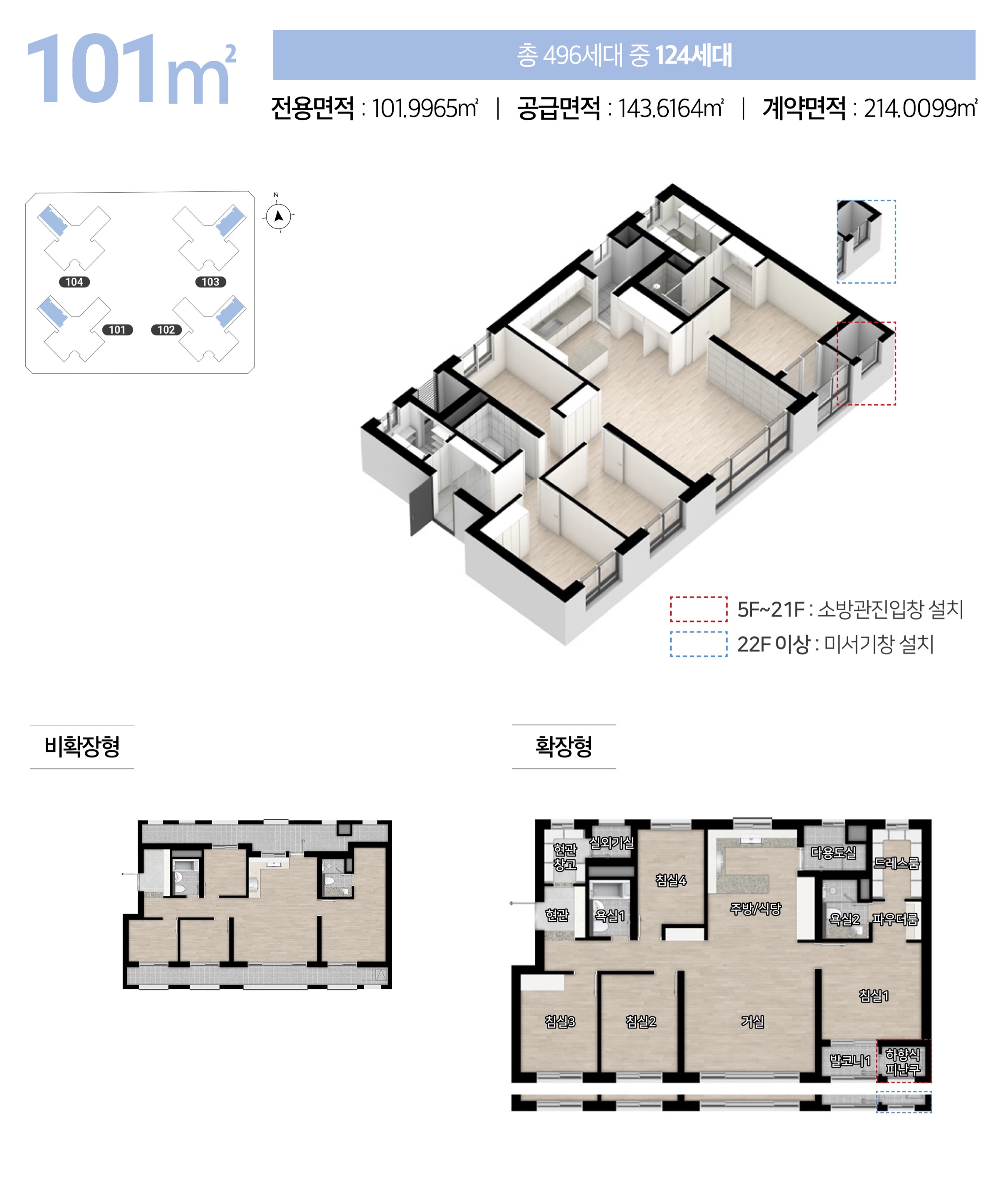평면 101㎡ — 전용 101.9965㎡ / 공급 143.6164㎡ / 124세대